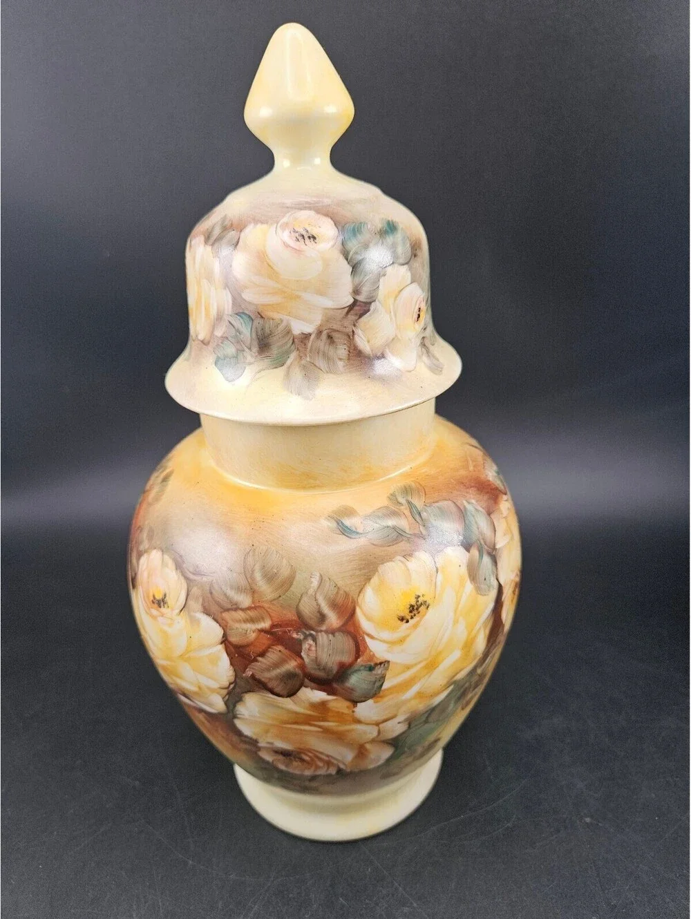 Vintage Hand Painted Yellow Rose Ginger Jar Signed Suzete 11